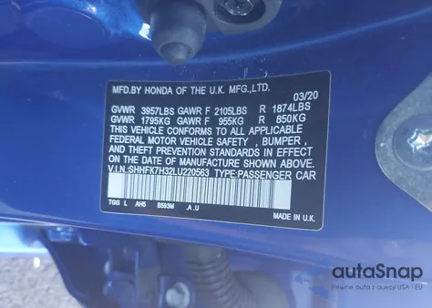 2020 Honda Civic Lx z USA, uszkodzony, nr VIN SHHFK7H32LU220563